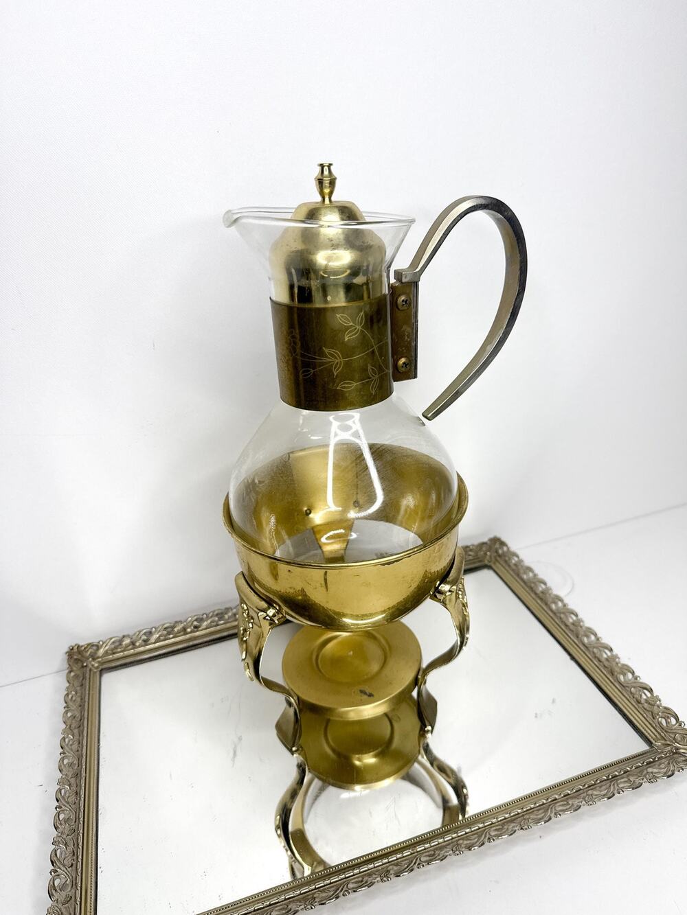 Vintage Princess House Coffee Tea Glass Carafe Warmer Pitcher With Brass Base